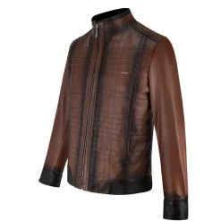 Men Cuadra Jackets-Mandarin Neck Dark Brown Leather Jacket