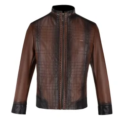 Men Cuadra Jackets-Mandarin Neck Dark Brown Leather Jacket