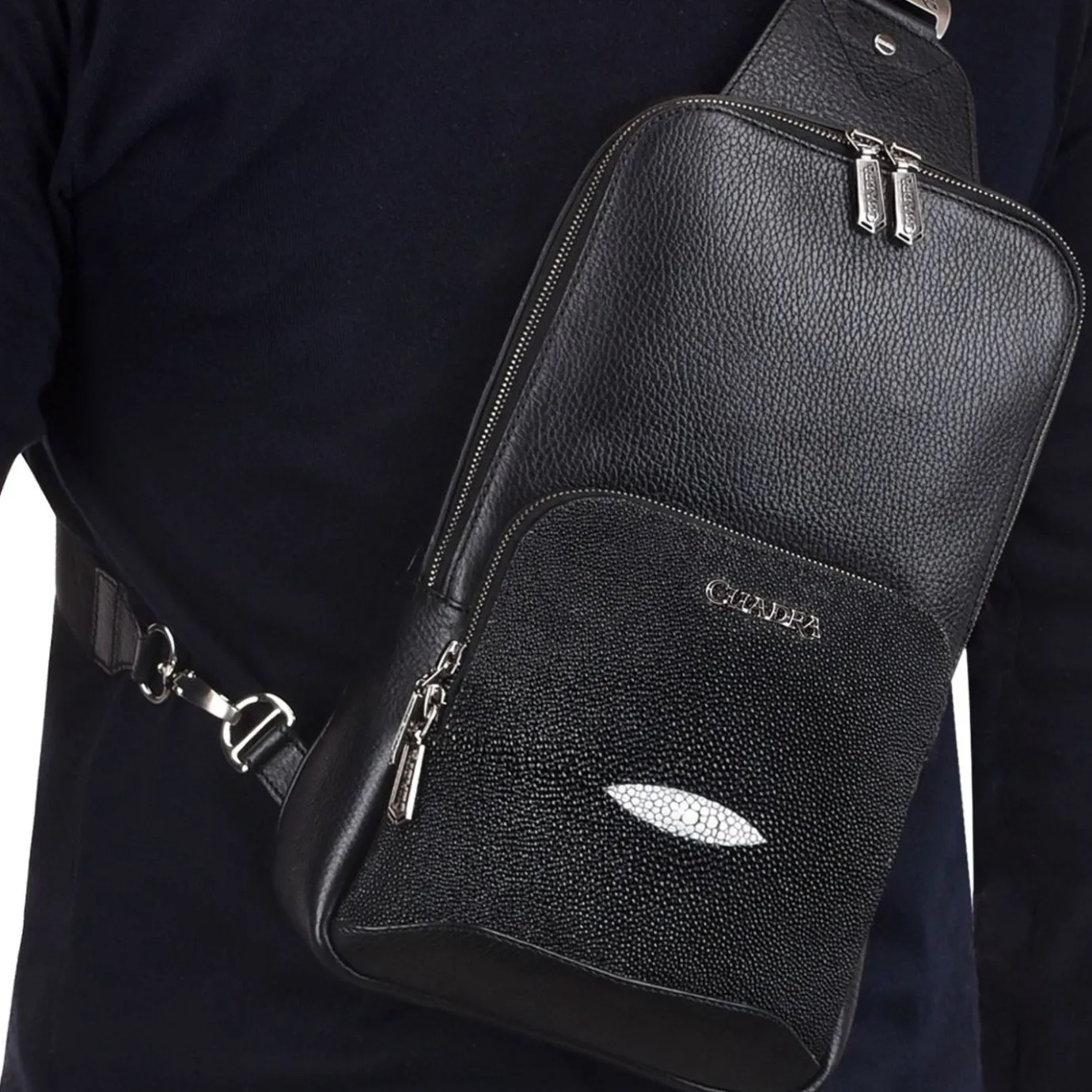 Men Cuadra Handbags-Mens Black Leather Shoulder Bag