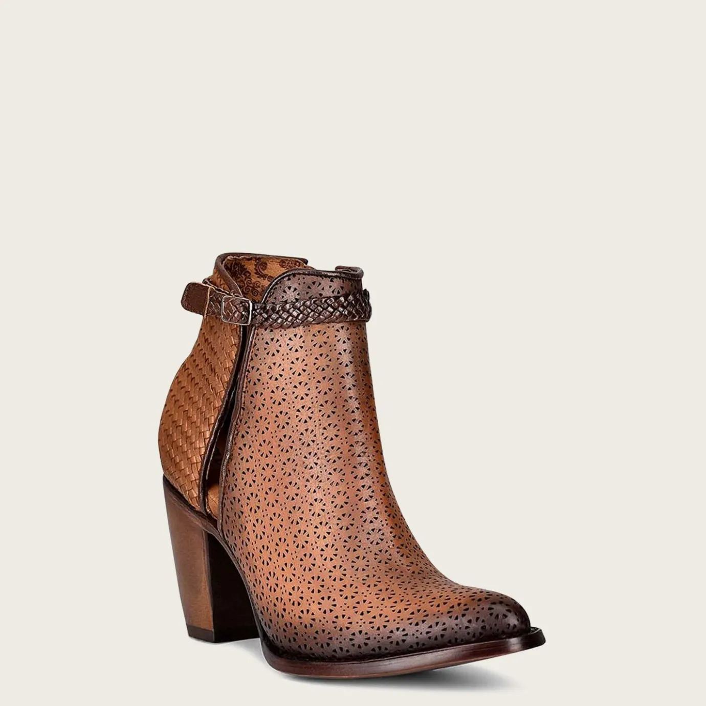 Women Cuadra Ankle Boots & Booties-Perforated Brown Leather Bootie With Hand Braided Strap