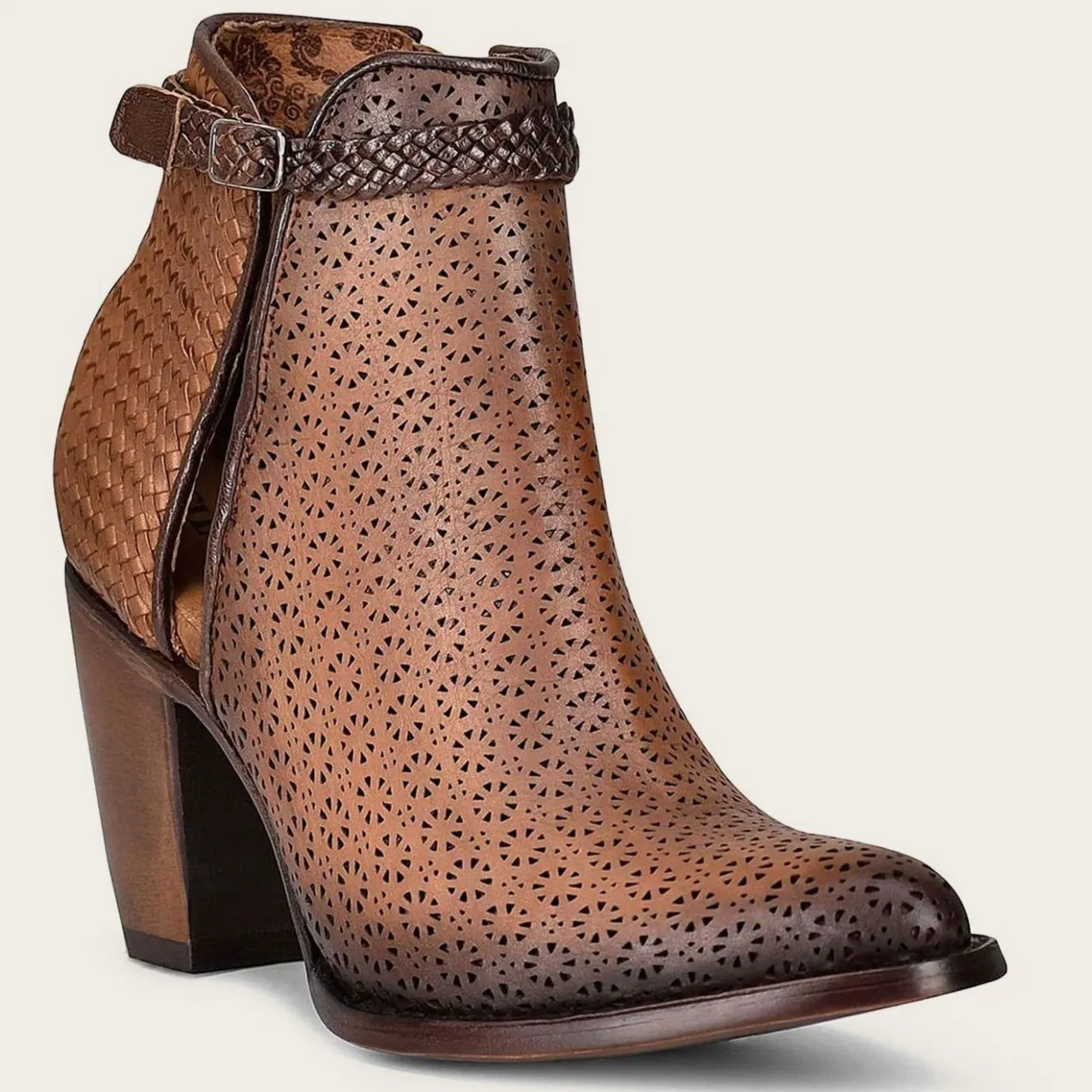 Women Cuadra Ankle Boots & Booties-Perforated Brown Leather Bootie With Hand Braided Strap