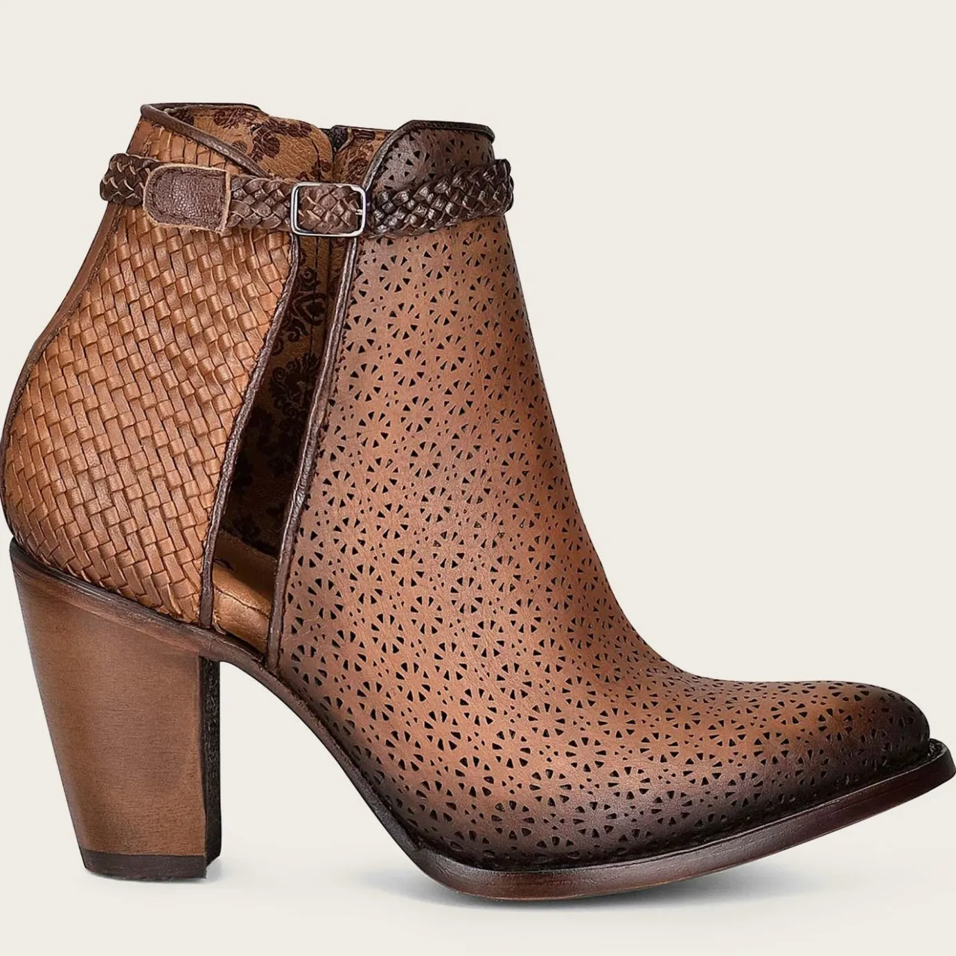 Women Cuadra Ankle Boots & Booties-Perforated Brown Leather Bootie With Hand Braided Strap