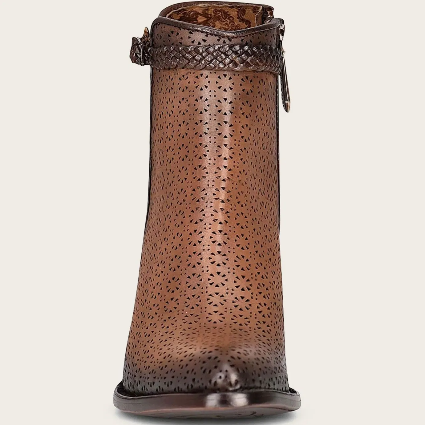 Women Cuadra Ankle Boots & Booties-Perforated Brown Leather Bootie With Hand Braided Strap