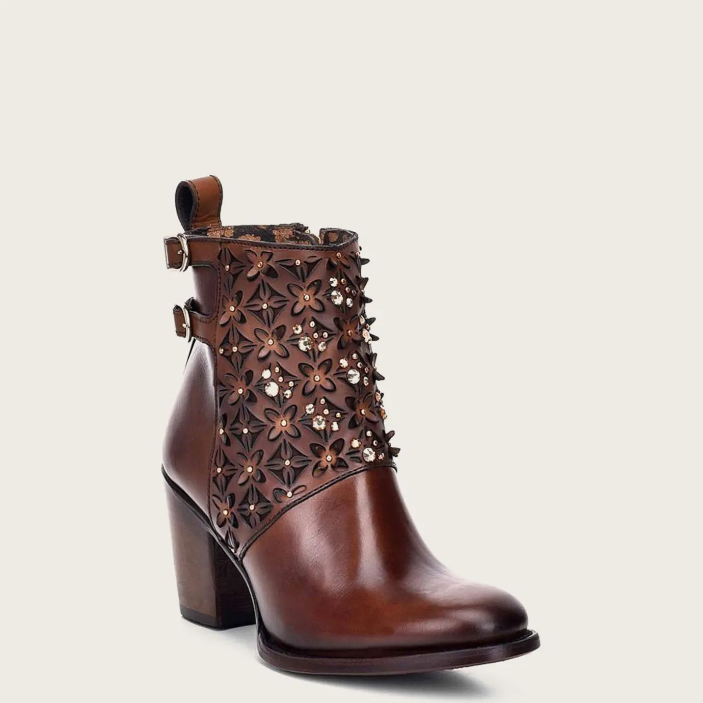 Women Cuadra Ankle Boots & Booties-Perforated Brown Leather Bootie With Austrian Crystals