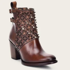 Women Cuadra Ankle Boots & Booties-Perforated Brown Leather Bootie With Austrian Crystals
