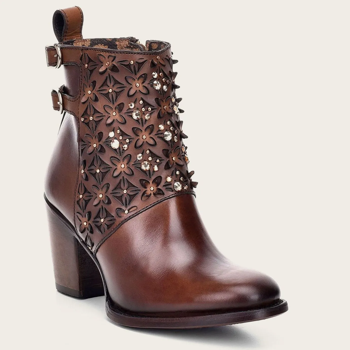 Women Cuadra Ankle Boots & Booties-Perforated Brown Leather Bootie With Austrian Crystals