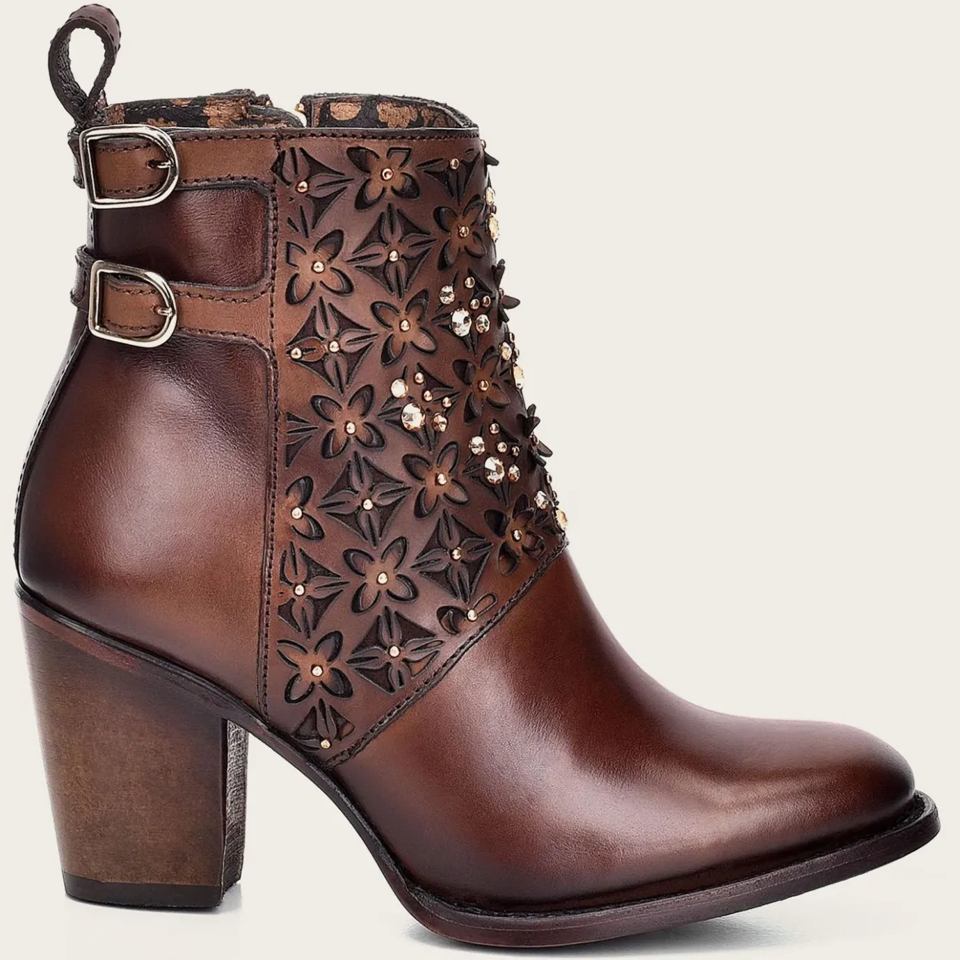 Women Cuadra Ankle Boots & Booties-Perforated Brown Leather Bootie With Austrian Crystals