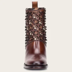 Women Cuadra Ankle Boots & Booties-Perforated Brown Leather Bootie With Austrian Crystals