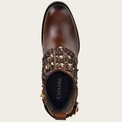 Women Cuadra Ankle Boots & Booties-Perforated Brown Leather Bootie With Austrian Crystals