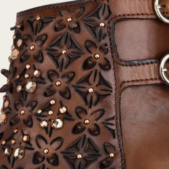 Women Cuadra Ankle Boots & Booties-Perforated Brown Leather Bootie With Austrian Crystals