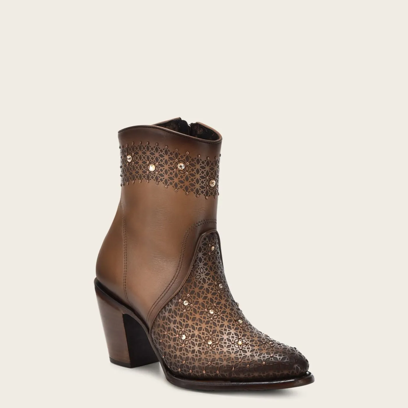 Women Cuadra Ankle Boots & Booties-Perforated Honey Brown Leather Ankle Bootie With Austrian Crystals