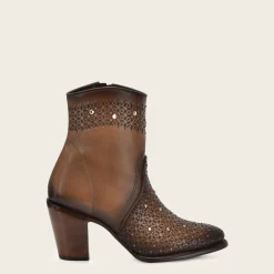 Women Cuadra Ankle Boots & Booties-Perforated Honey Brown Leather Ankle Bootie With Austrian Crystals