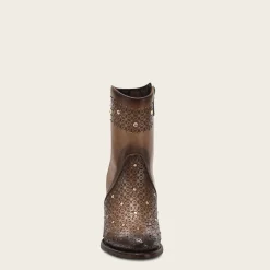 Women Cuadra Ankle Boots & Booties-Perforated Honey Brown Leather Ankle Bootie With Austrian Crystals