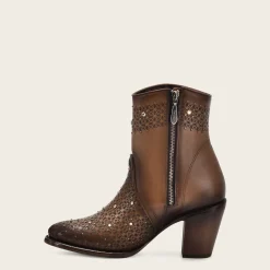 Women Cuadra Ankle Boots & Booties-Perforated Honey Brown Leather Ankle Bootie With Austrian Crystals