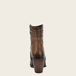 Women Cuadra Ankle Boots & Booties-Perforated Honey Brown Leather Ankle Bootie With Austrian Crystals