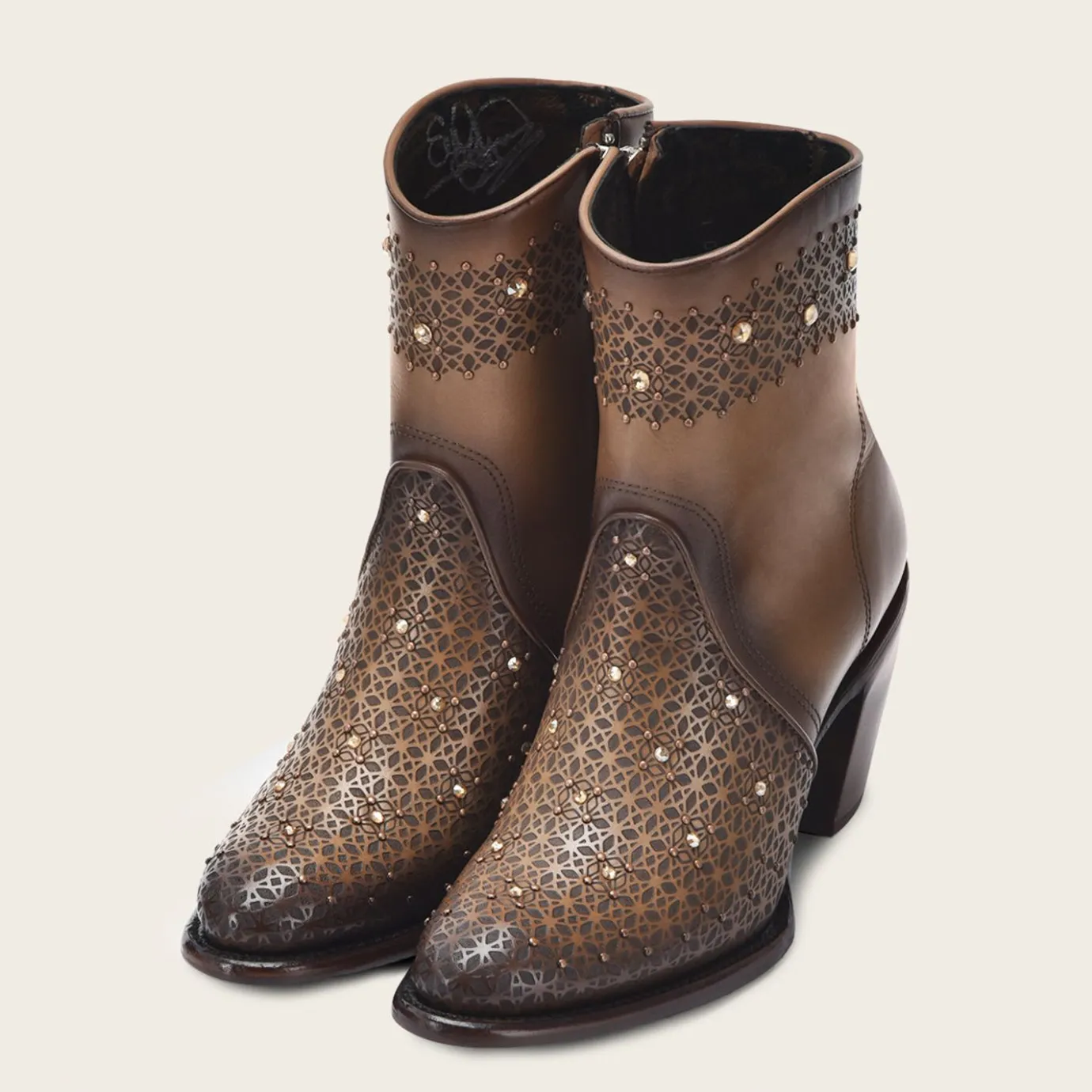 Women Cuadra Ankle Boots & Booties-Perforated Honey Brown Leather Ankle Bootie With Austrian Crystals