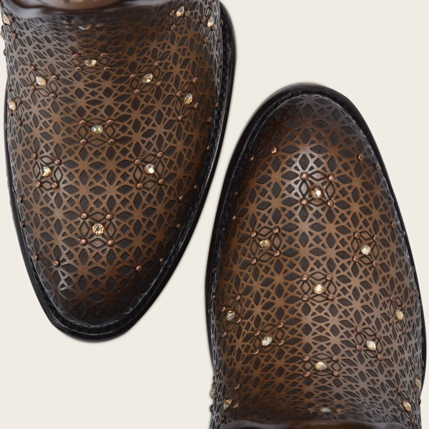 Women Cuadra Ankle Boots & Booties-Perforated Honey Brown Leather Ankle Bootie With Austrian Crystals