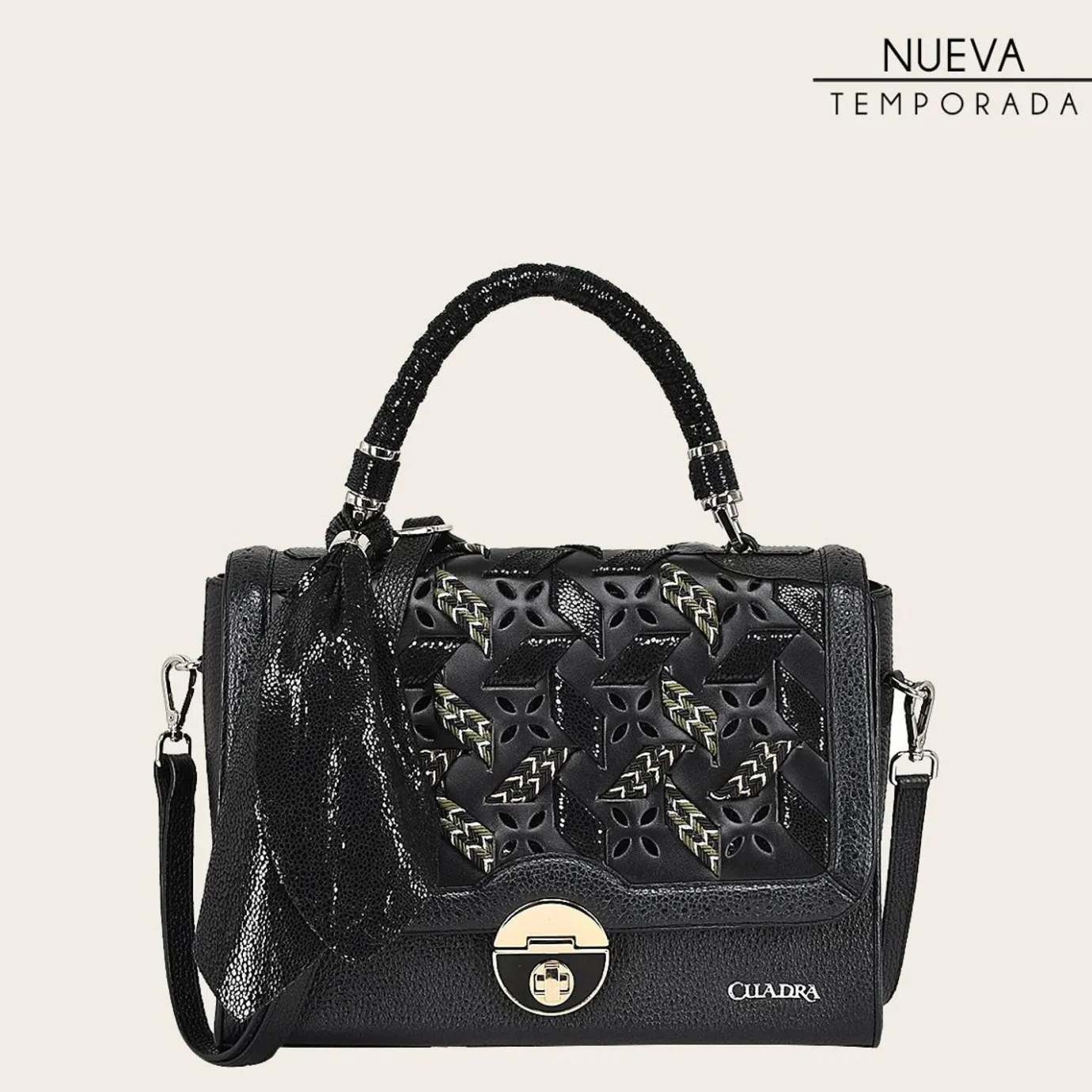 Women Cuadra Top Handle & Satchel Bags-Printed Black Leather Satchel Bag