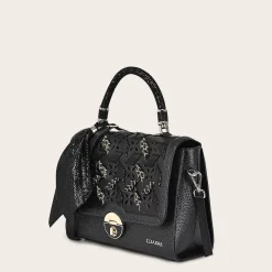 Women Cuadra Top Handle & Satchel Bags-Printed Black Leather Satchel Bag