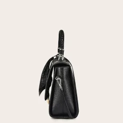 Women Cuadra Top Handle & Satchel Bags-Printed Black Leather Satchel Bag