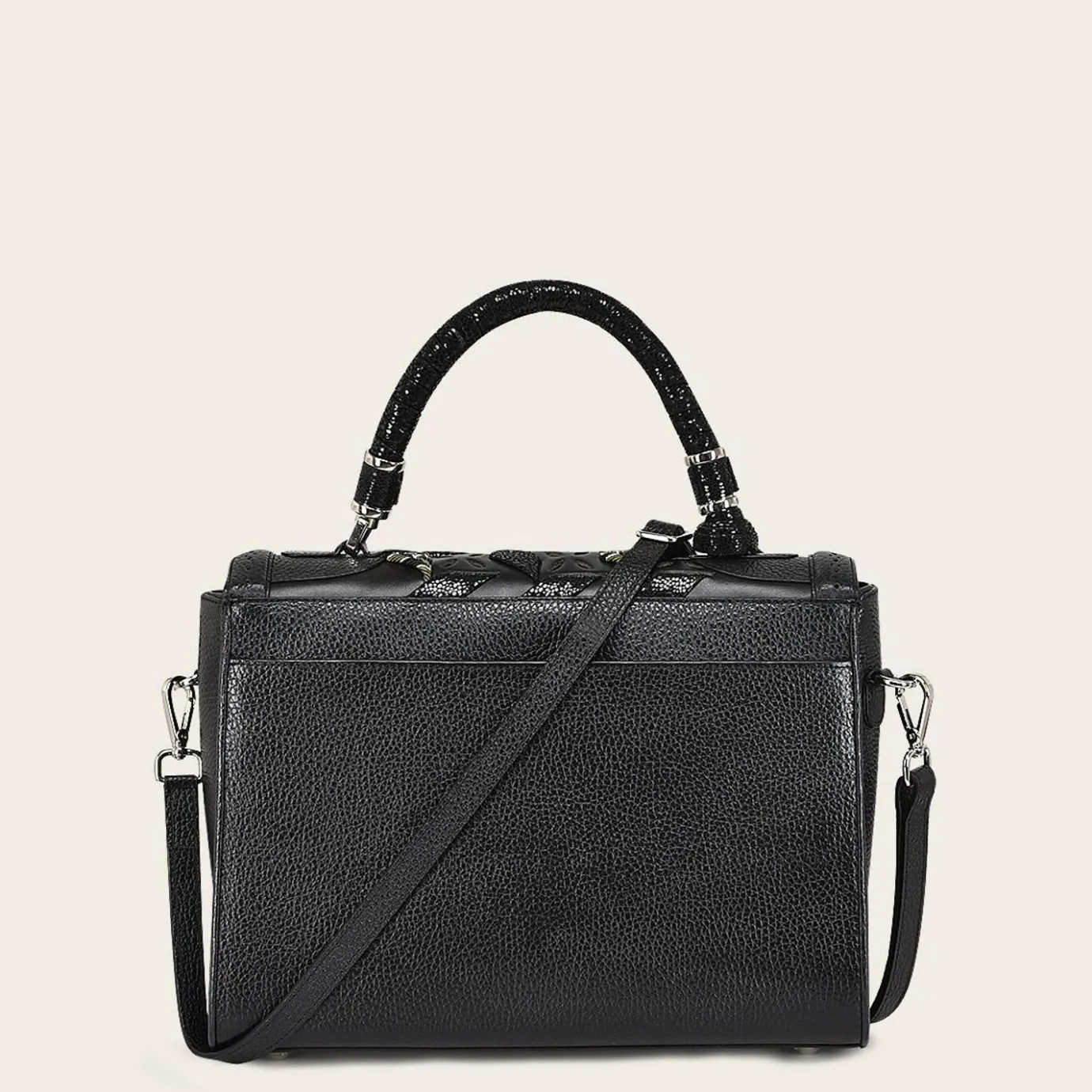 Women Cuadra Top Handle & Satchel Bags-Printed Black Leather Satchel Bag