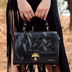 Women Cuadra Top Handle & Satchel Bags-Printed Black Leather Satchel Bag