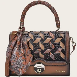 Women Cuadra Top Handle & Satchel Bags-Printed Brown Leather Satchel Bag