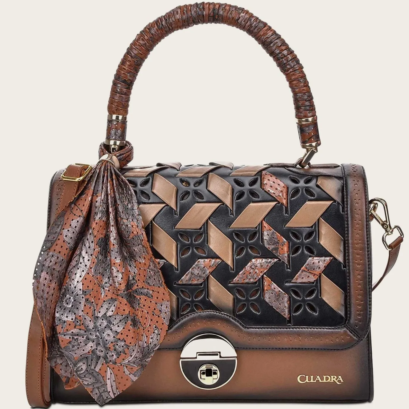 Women Cuadra Top Handle & Satchel Bags-Printed Brown Leather Satchel Bag