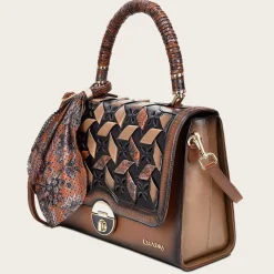 Women Cuadra Top Handle & Satchel Bags-Printed Brown Leather Satchel Bag
