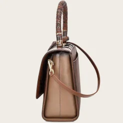 Women Cuadra Top Handle & Satchel Bags-Printed Brown Leather Satchel Bag