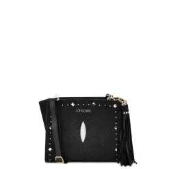 Women Cuadra Crossbody Bags-Studded Black Leather Crossbody Bag