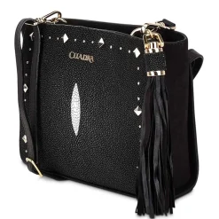 Women Cuadra Crossbody Bags-Studded Black Leather Crossbody Bag