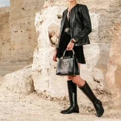 Women Cuadra Jackets-Womens Black Leather Shearling Jacket