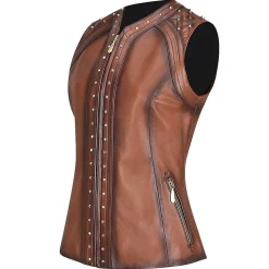 Women Cuadra Vests-Womens Shoulder Pads Brown Leather Vest