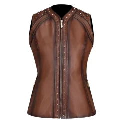 Women Cuadra Vests-Womens Shoulder Pads Brown Leather Vest