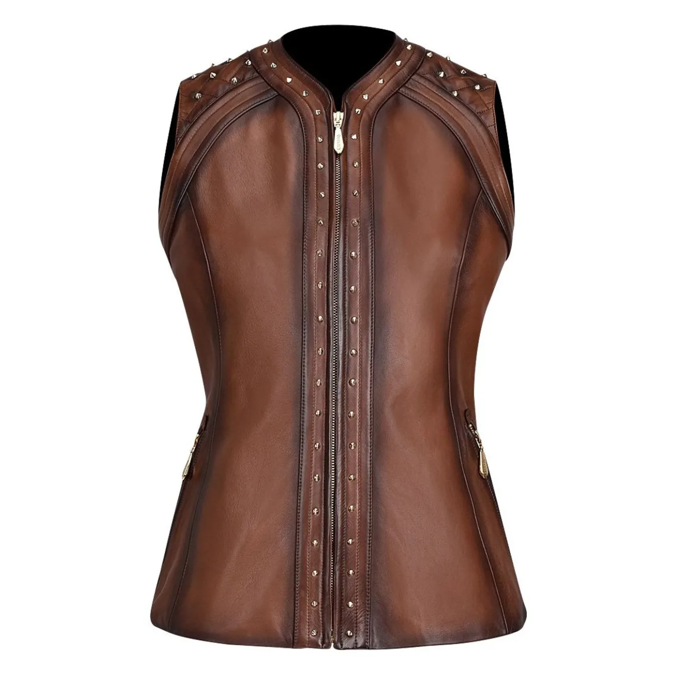 Women Cuadra Vests-Womens Shoulder Pads Brown Leather Vest